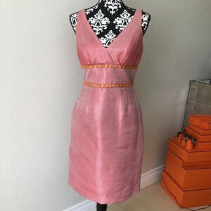 Carmen Marc valvo collection 100% silk Pink iridescent shift dress jewel waist
